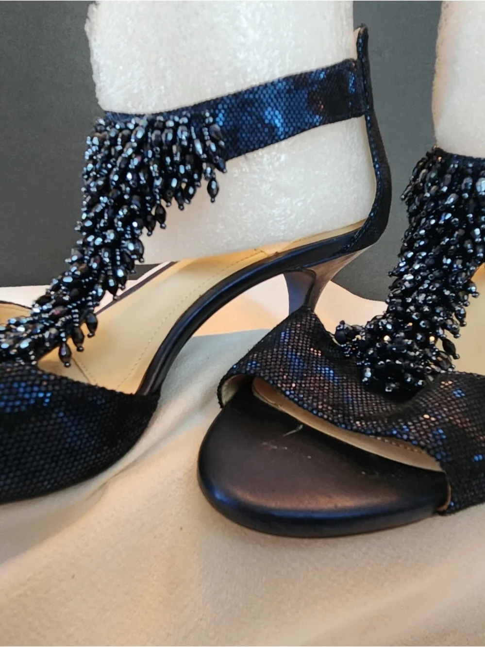 Alex Marie Black Beaded Fringe Open-Toe Heels